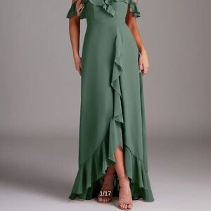 Azazie Green High Low Ruffle Dress Bridesmaid - size 10